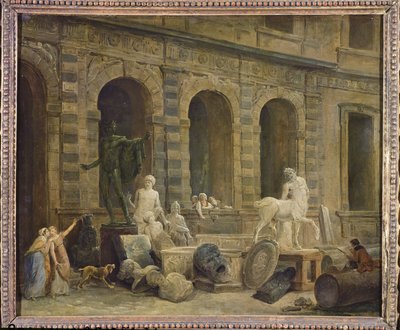 A Man Drawing Antiques in Front of the Petite Galerie of the Louvre, 1781 by Hubert Robert